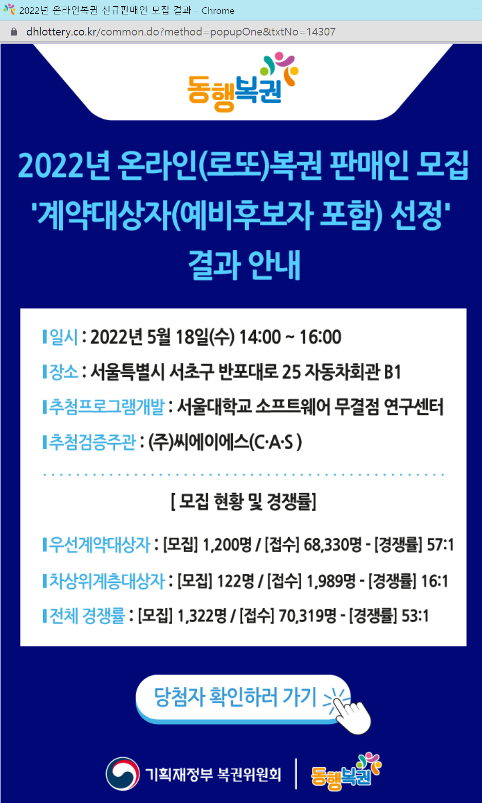 2022년 로또 복권 판매인 선정 결과 발표 확인하세요. 당첨을 축하드립니다.(동행복권)