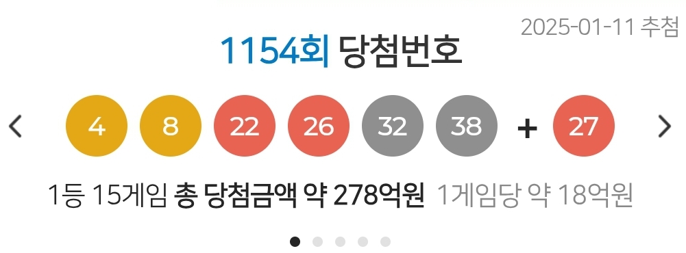 1154회 로또 1등 및 2등 당첨 지역 판매점 / 실수령 당첨금액 / 1154회 로또 당첨 번호(dhlottery)